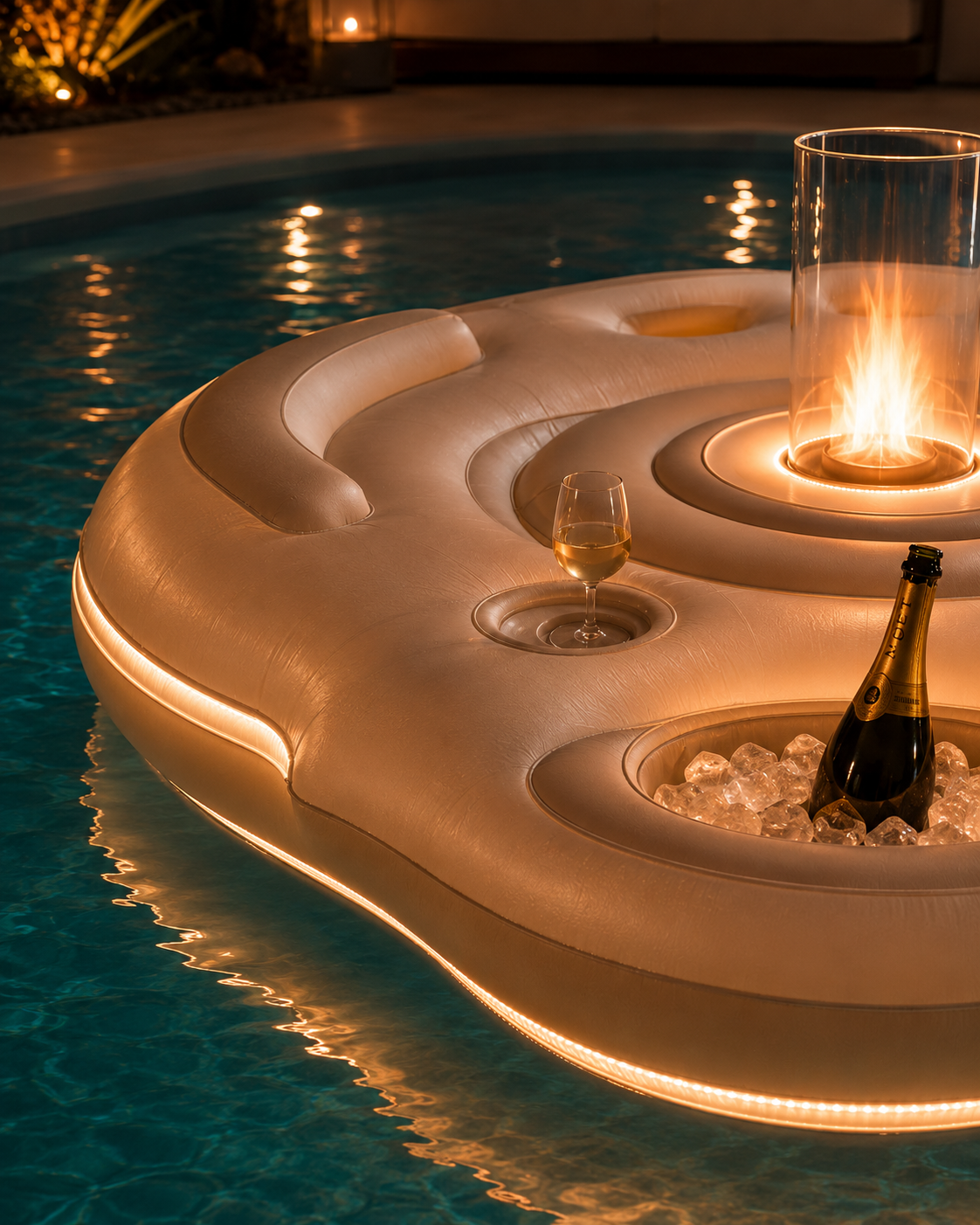 EmberFloat™ Tavolo da Fuoco Galleggiante – Isola Lounge da Piscina con Fiamma LED e Vano Refrigerato per Champagne