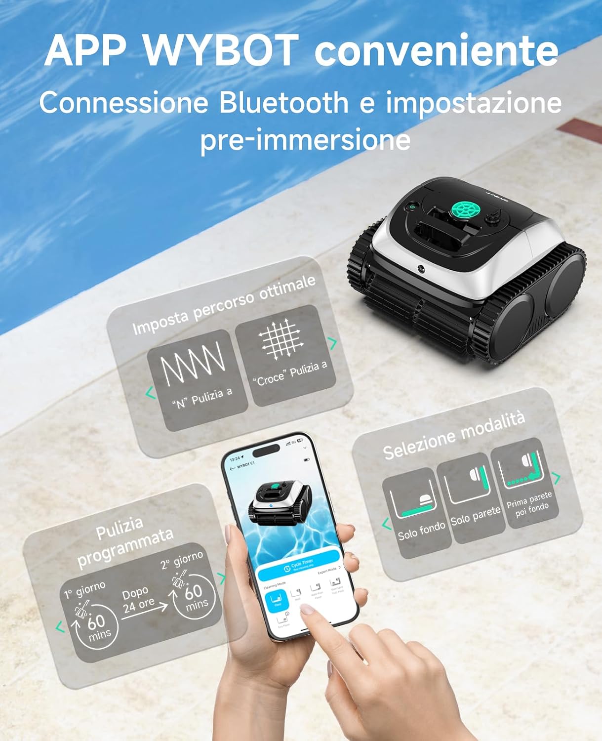 WYBOT C1 – Robot Piscina Senza Fili con Pulizia Completa e 150 Min di Autonomia