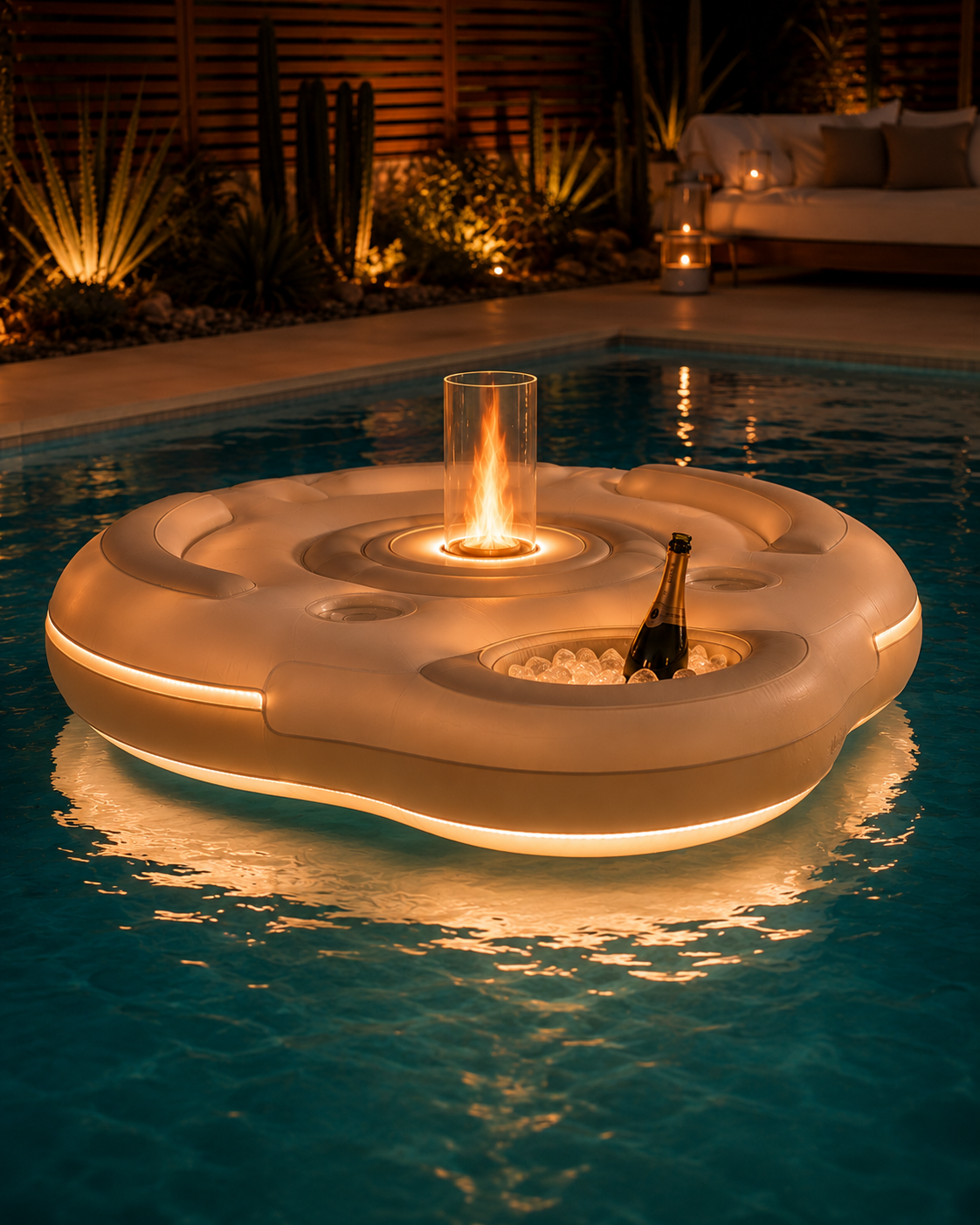 EmberFloat™ Tavolo da Fuoco Galleggiante – Isola Lounge da Piscina con Fiamma LED e Vano Refrigerato per Champagne