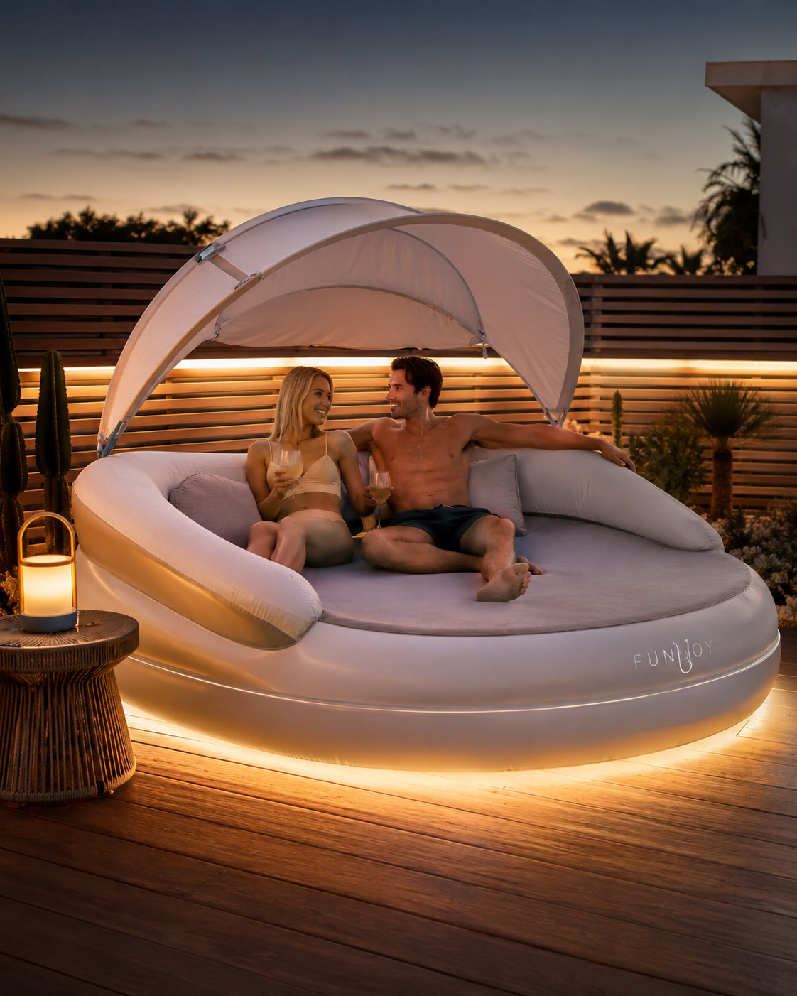 CloudNest™ Lettino Gonfiabile Rotondo – Lettino Relax di Lusso da Bordo Piscina con Tettuccio e Illuminazione d’Atmosfera