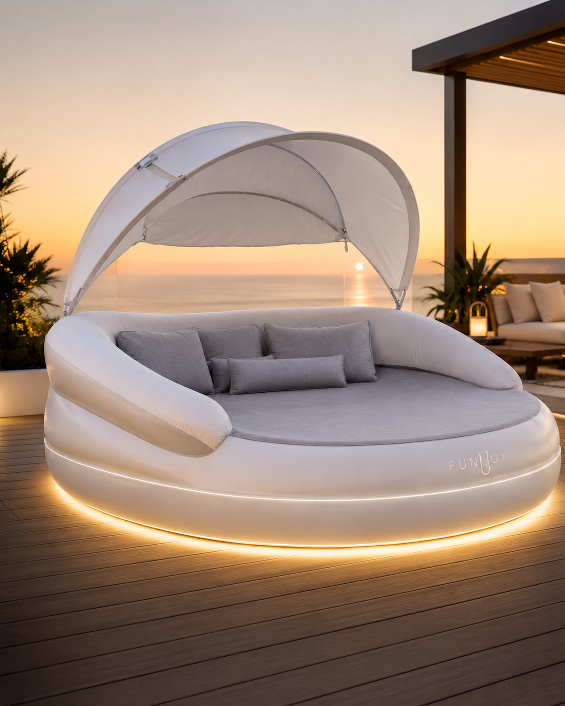 CloudNest™ Lettino Gonfiabile Rotondo – Lettino Relax di Lusso da Bordo Piscina con Tettuccio e Illuminazione d’Atmosfera