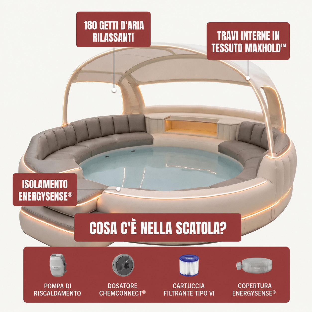 Idromassaggio gonfiabile di lusso con copertura e illuminazione d'atmosfera
