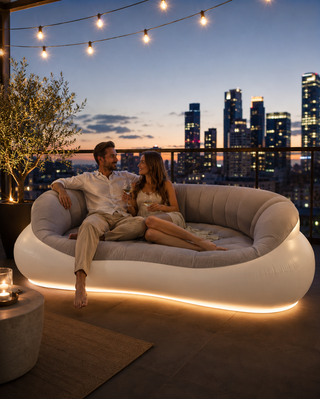 SkyLounge™ Divano Gonfiabile da Balcone – Seduta di Lusso con Illuminazione d’Atmosfera per Rooftop e Terrazze