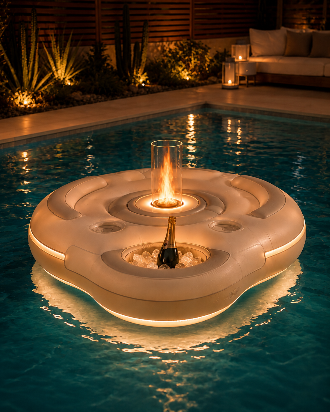 EmberFloat™ Tavolo da Fuoco Galleggiante – Isola Lounge da Piscina con Fiamma LED e Vano Refrigerato per Champagne